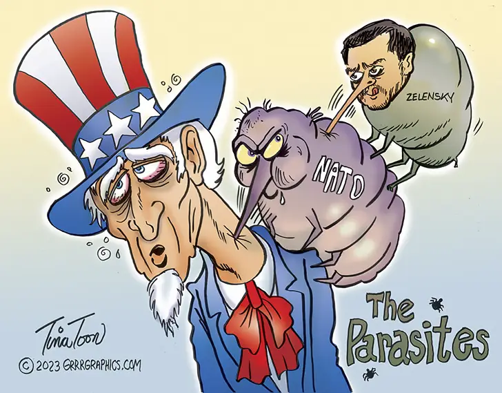 зеленский пьет кровь из НАТО и США - карикатура