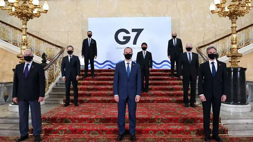 Министры иностранных дел Германии, Италии, Британии, Японии, Франции, Канады, госсекретарь США и глава дипломатии Евросоюза на саммите «Большой Семерки» в Лондоне, 5 мая 2021 года